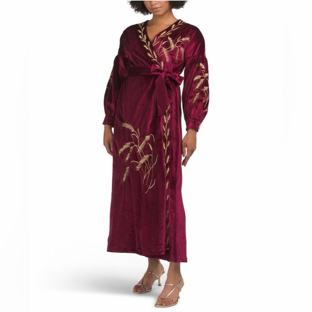 Dalia MacPhee Burgundy Gold Wrap Tie Embroidered Velvet Maxi Dress M NWT